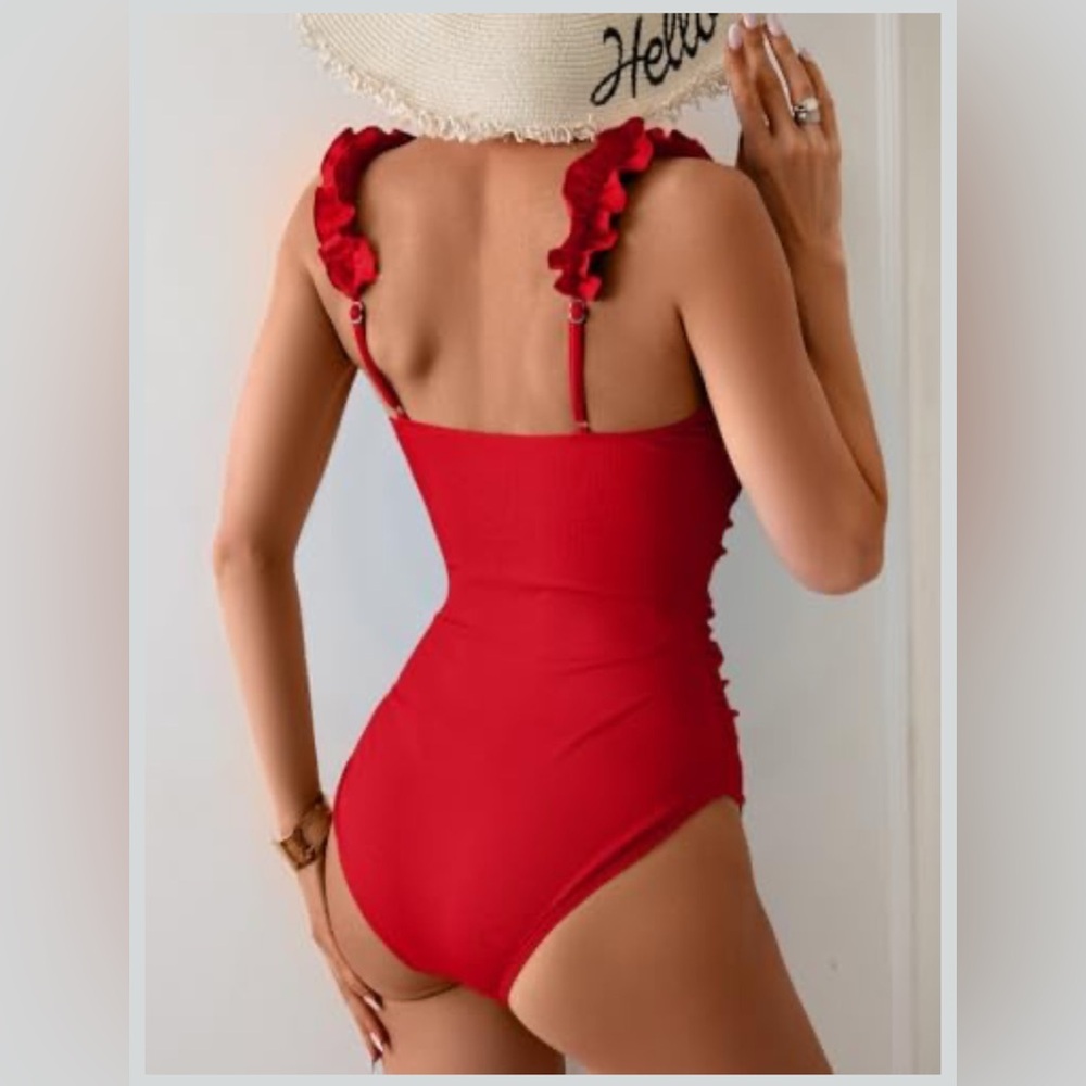 Tummy Control Square Neck Red Ribbed Swimsuit Adjustable ruffle strap ❤️ - Picture 9 of 9